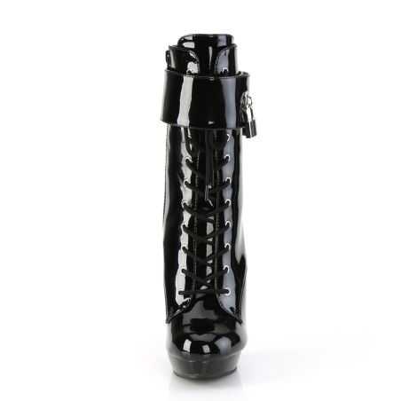 Bottines vernies noires fétiches Fabulicious Sultry 1023 à talons stiletto et découpes laser.