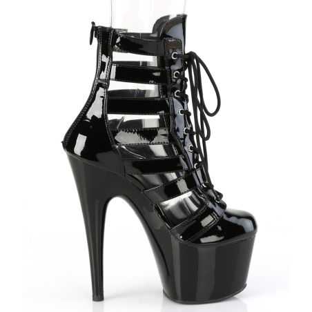 Bottines vernies noires de pole dance Pleaser Adore 1013MST à talons aiguilles et découpes mesh.
