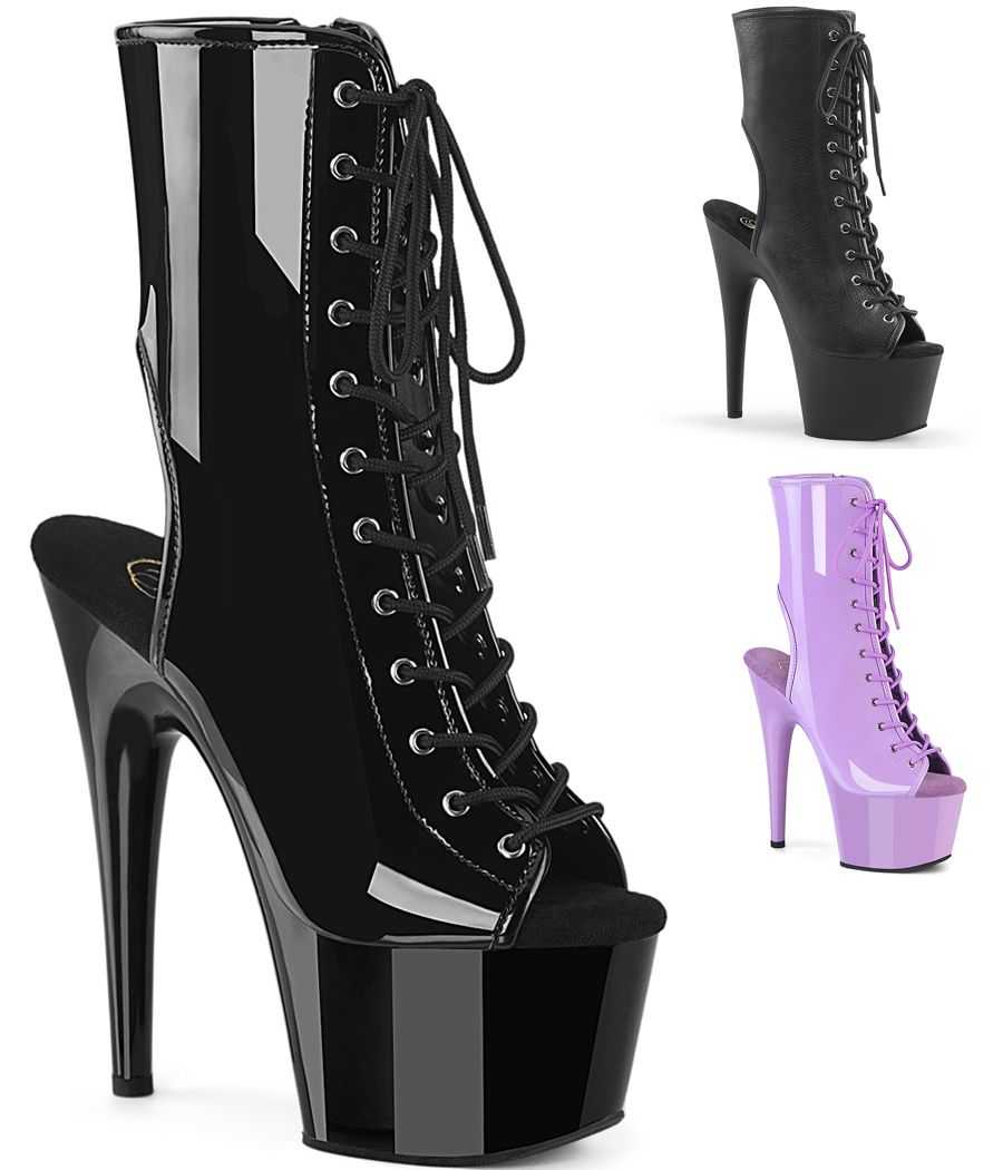 Bottines de pole dance de luxe Pleaser Adore 1016 à talons hauts de 17cm, plateformes et découpe ouverte LBDHT.