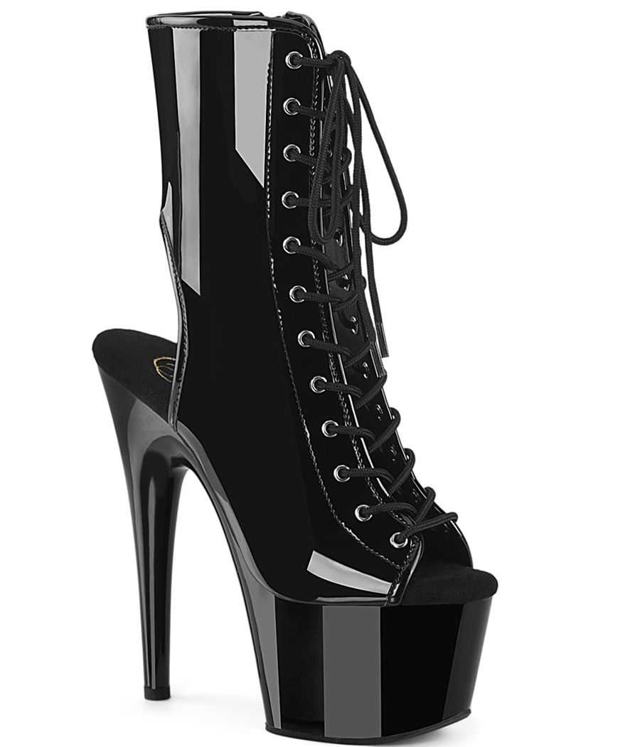 Bottines vernies noires de pole dance Pleaser Adore 1016 à talons aiguilles et laçage frontal. Bottines vernies noires de pole dance Pleaser Adore 1016 à talons aiguilles et laçage frontal.