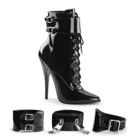 Bottines vernies noires fétiches Devious Domina 1023 à talons stiletto 15cm et lacets pour scène.