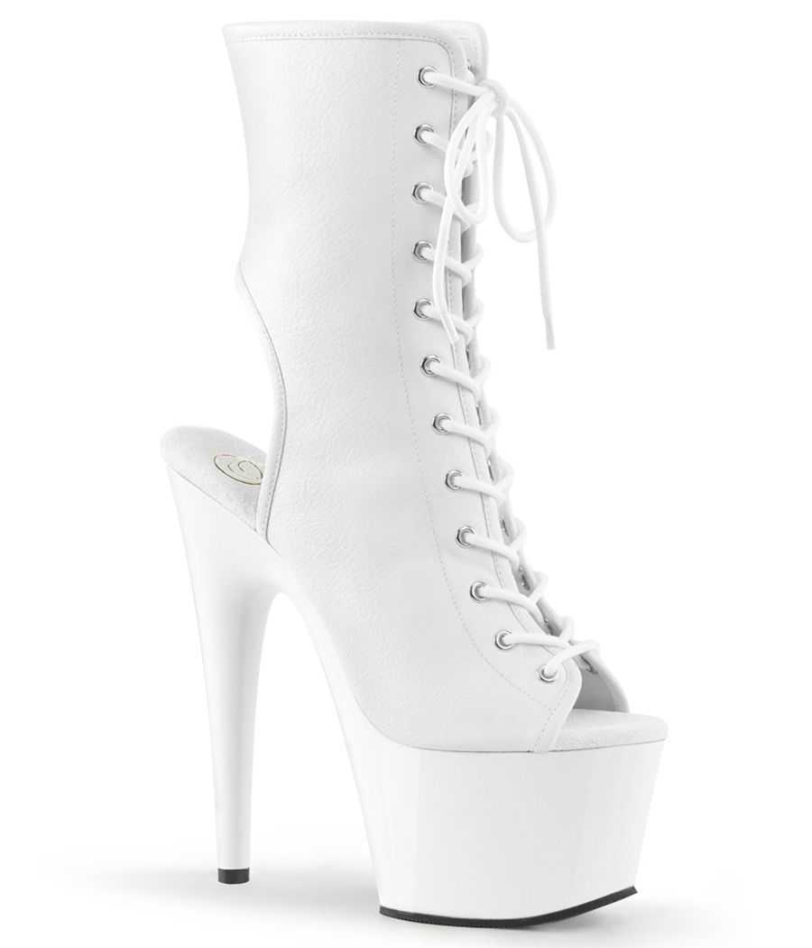 Bottines mat blanches de pole dance Pleaser Adore 1016 à talons aiguilles et laçage frontal. Bottines mat blanches de pole dance Pleaser Adore 1016 à talons aiguilles et laçage frontal.