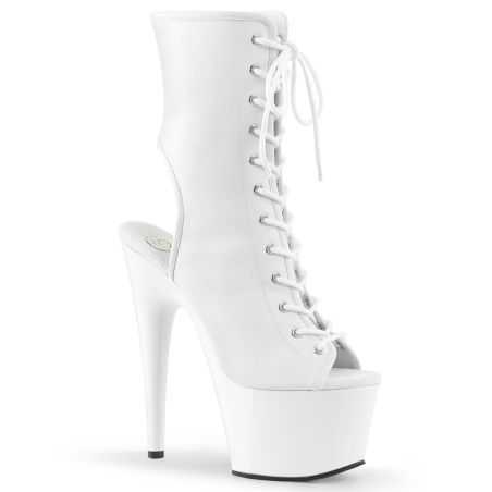 Bottines mat blanches de pole dance Pleaser Adore 1016 à talons aiguilles et laçage frontal.