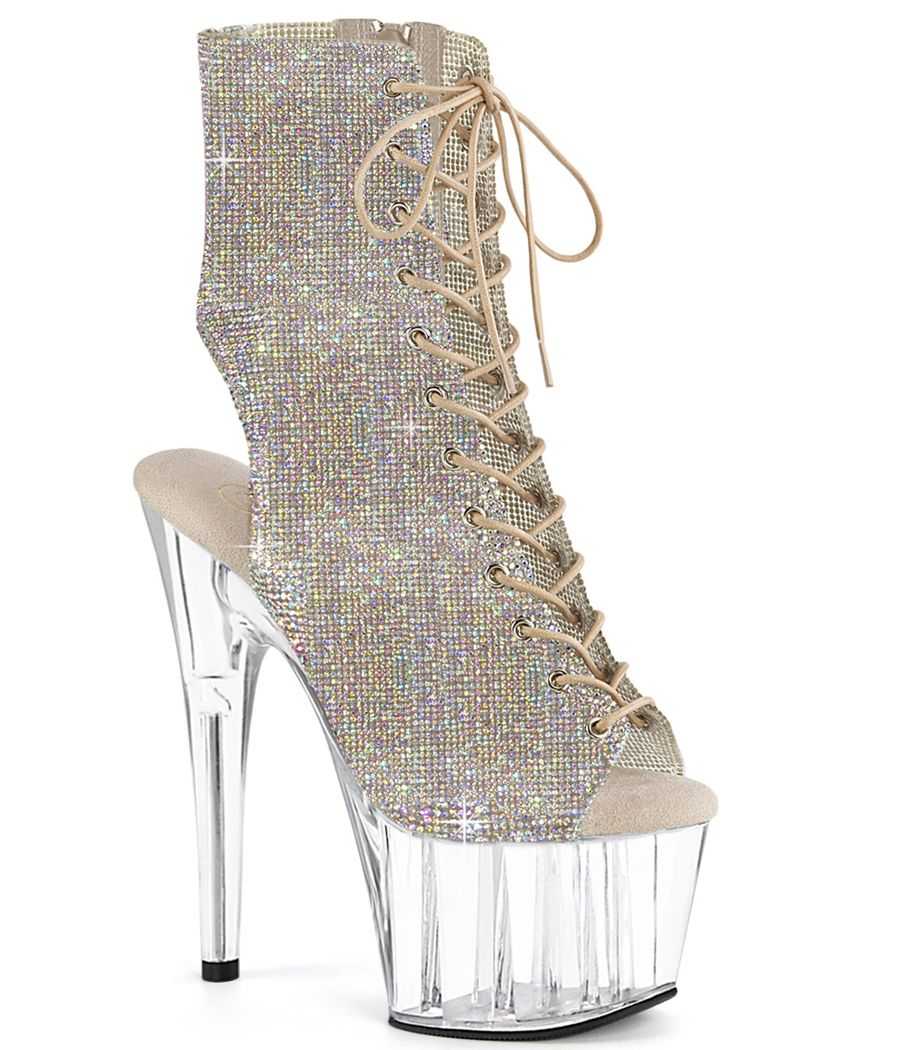 Bottines transparentes argentées de pole dance Pleaser Adore 1016C-RS à strass et bouts ouverts. Bottines transparentes argentées de pole dance Pleaser Adore 1016C-RS à strass et bouts ouverts.