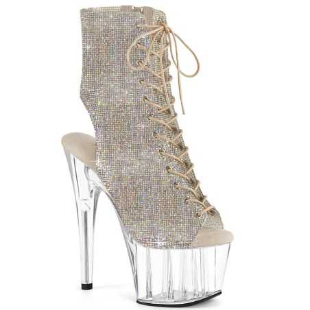 Bottines transparentes argentées de pole dance Pleaser Adore 1016C-RS à strass et bouts ouverts.