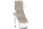 Bottines transparentes argentées de pole dance Pleaser Adore 1016C-RS à strass et bouts ouverts. Bottines transparentes argentées de pole dance Pleaser Adore 1016C-RS à strass et bouts ouverts.