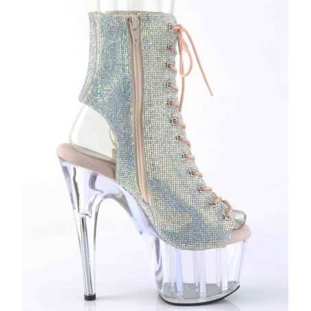 Bottines de clubbing haut de gamme strass argentés avec zip latéral pour shows de cabaret et pole exotique.