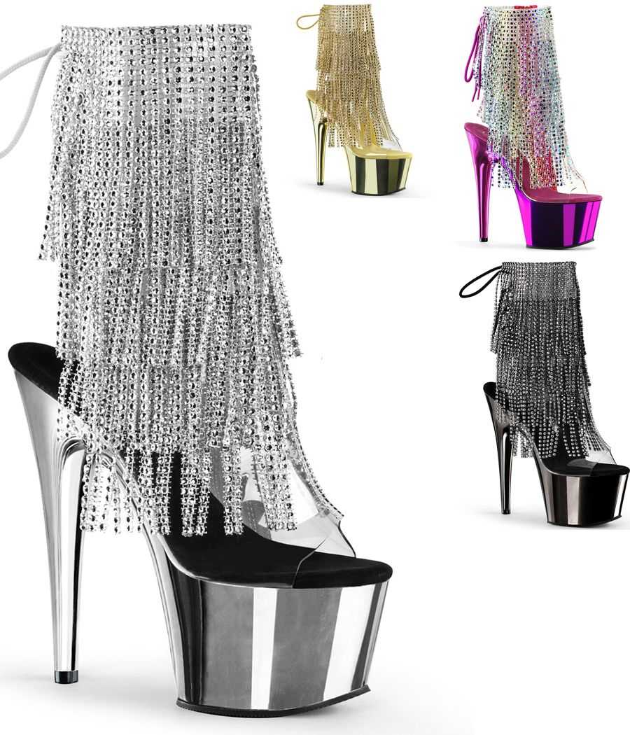 Bottines de pole dance Pleaser Adore 1017RSF à talons de 17cm, plateformes chromées et franges de strass mobiles LBDHT.
