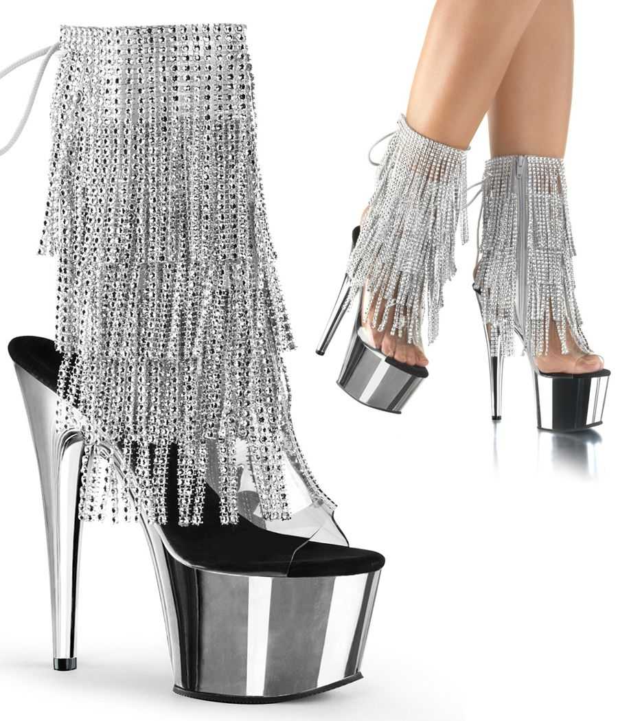 Bottines transparentes argent de pole dance Pleaser Adore 1017RSF à franges de strass scintillantes. Bottines transparentes argent de pole dance Pleaser Adore 1017RSF à franges de strass scintillantes.