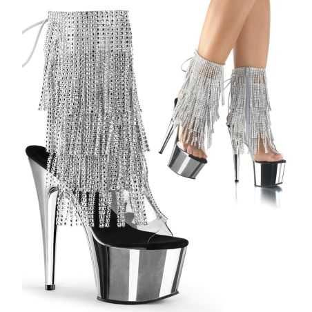 Bottines transparentes argent de pole dance Pleaser Adore 1017RSF à franges de strass scintillantes.