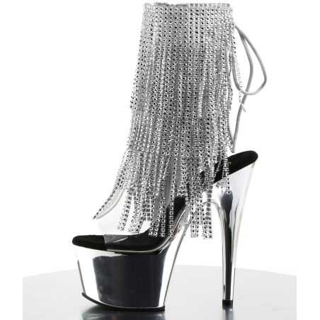 Bottines de scène argent brillant avec découpes ouvertes aux orteils et talons pour spectacles drag.