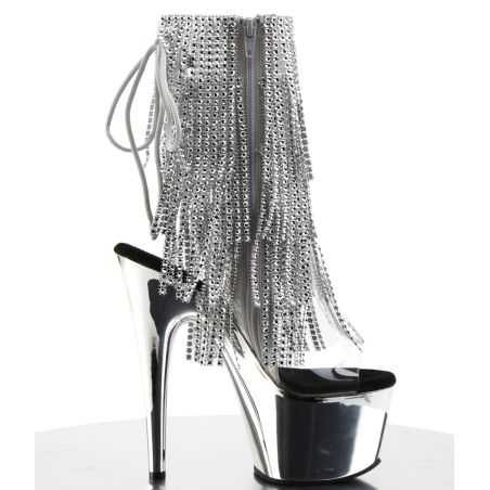 Bottines de clubbing haut de gamme argent miroir et zip latéral pour shows de cabaret et pole exotique.