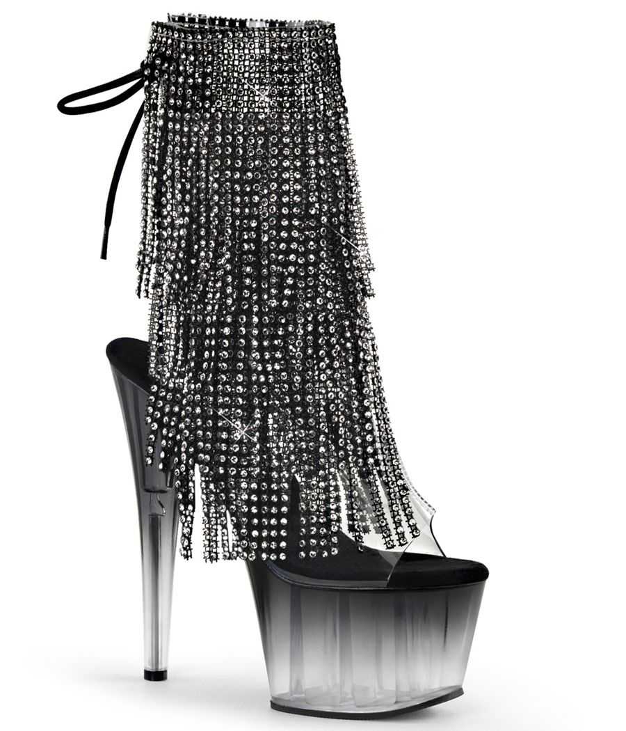 Bottines transparentes noires de pole dance Pleaser Adore 1017RSFT à cascade de strass sombres.