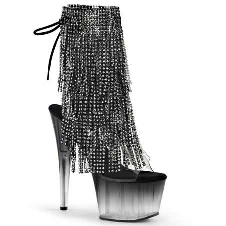 Bottines transparentes noires de pole dance Pleaser Adore 1017RSFT à cascade de strass sombres.