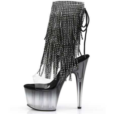 Bottines de scène noir brillant à l'effet miroir avec talon ouvert et laçage arrière pour drag queens.