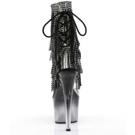 Bottines fétiches noires en vinyle transparent et franges de cristaux pour toutes les morphologies.
