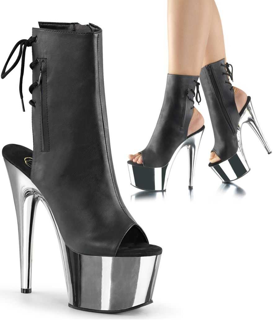 Bottines mat noires de pole dance Pleaser Adore 1018 à talons stiletto et lacets à l'arrière.