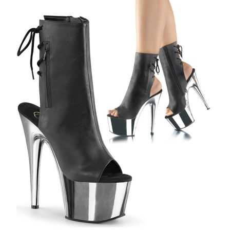 Bottines mat noires de pole dance Pleaser Adore 1018 à talons stiletto et lacets à l'arrière.