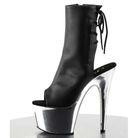 Bottines de scène noir mat avec découpe open toe et fermeture éclair pour performances de cabaret.