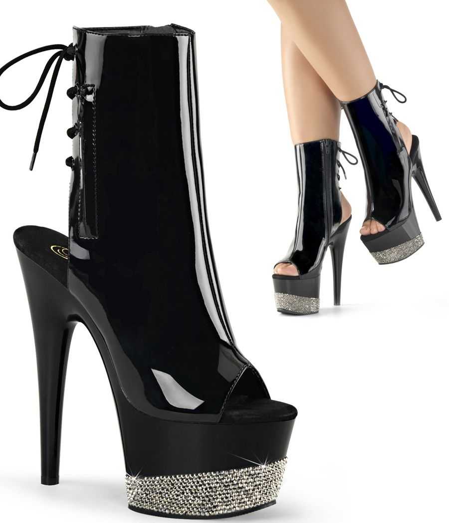 Bottines vernies noires de pole dance Pleaser Adore 1018-3 à talons stiletto et dos lacé. Bottines vernies noires de pole dance Pleaser Adore 1018-3 à talons stiletto et dos lacé.