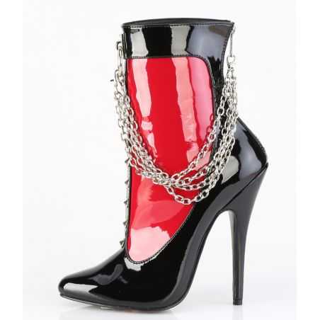 Bottines bicolores rouge et noir verni Devious Domina 1033 à talons stiletto et lacets de scène.