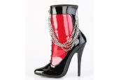 Bottines bicolores rouge et noir verni Devious Domina 1033 à talons stiletto et lacets de scène. Bottines bicolores rouge et noir verni Devious Domina 1033 à talons stiletto et lacets de scène.