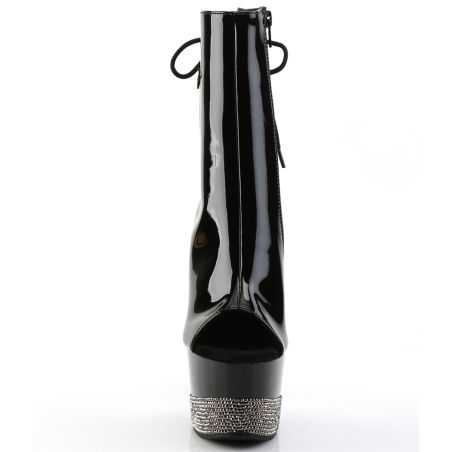 Bottines laquées noires de luxe à plateformes à niveaux et bout ouvert en tailles inclusives LBDHT.