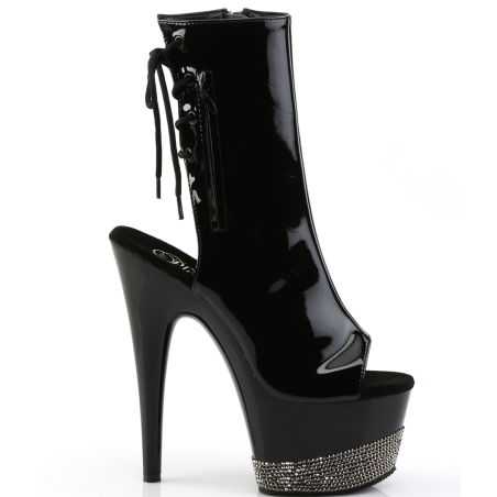 Bottines de clubbing haut de gamme noir laqué pour performances de cabaret et pole exotique.