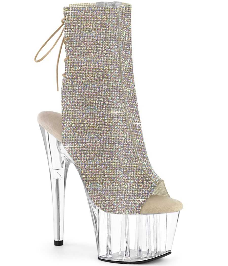 Bottines transparentes dorées de pole dance Pleaser Adore 1018C-RS à strass et bouts ouverts.