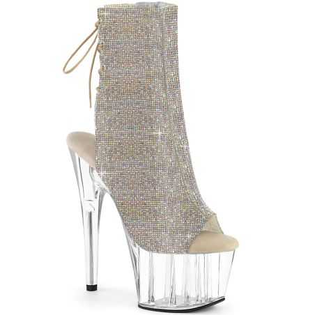 Bottines transparentes dorées de pole dance Pleaser Adore 1018C-RS à strass et bouts ouverts.