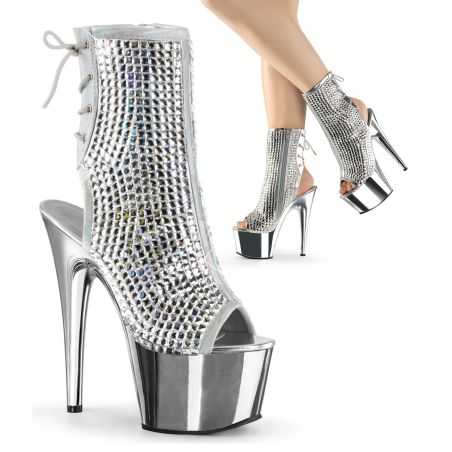 Bottines argentées de pole dance Pleaser Adore 1018DCS à plateformes entièrement recouvertes de strass.