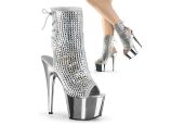 Bottines argentées de pole dance Pleaser Adore 1018DCS à plateformes entièrement recouvertes de strass.