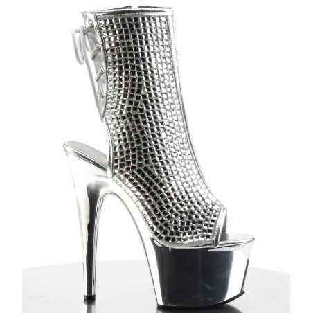 Bottines de clubbing haut de gamme argent à strass pour chorégraphies lumineuses et pole exotique.