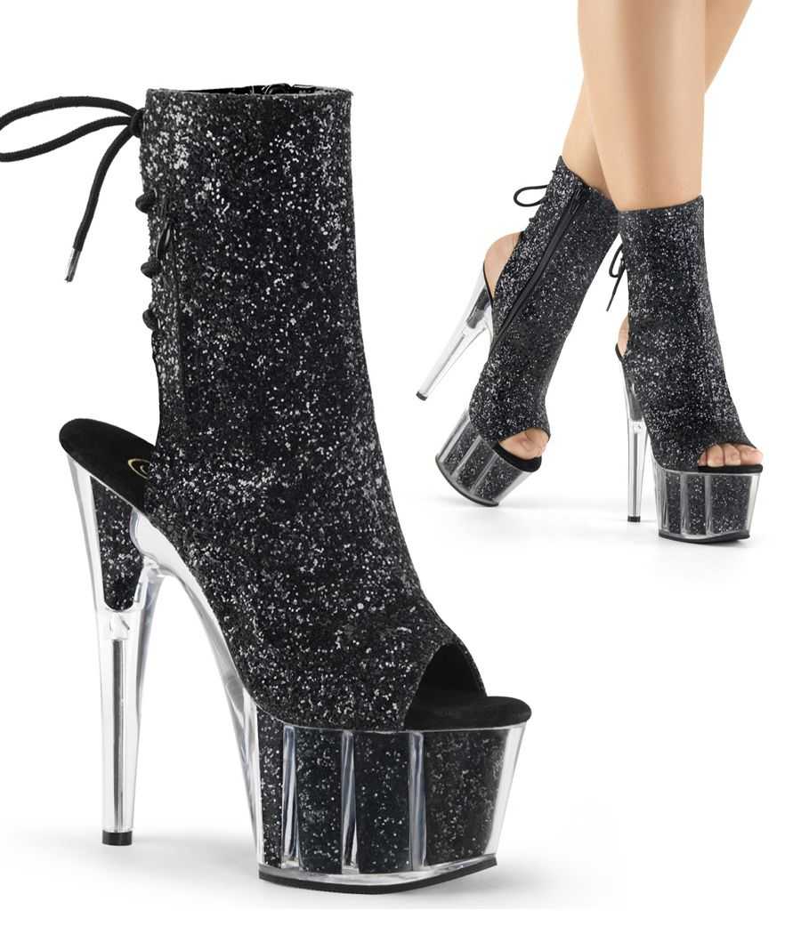 Bottines pailletées noires de pole dance Pleaser Adore 1018G à talons aiguilles et reflets argentés.