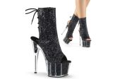 Bottines pailletées noires de pole dance Pleaser Adore 1018G à talons aiguilles et reflets argentés.