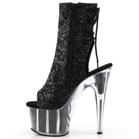 Bottines de scène noires scintillantes et dos lacé pour spectacles de cabaret et drag queens.