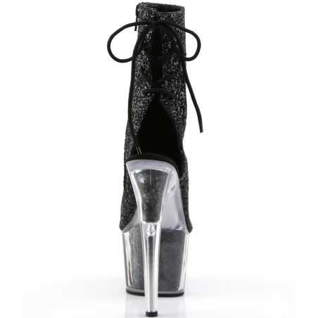 Bottines fétiches noir pailleté à fermeture éclair latérale adaptées à toutes les morphologies.