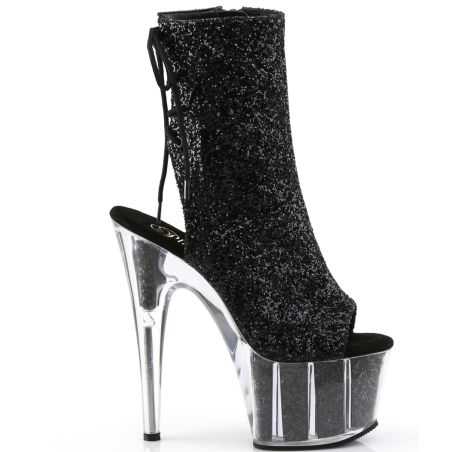 Bottines de clubbing haut de gamme noires et argentées pour shows visuels et pole exotique.