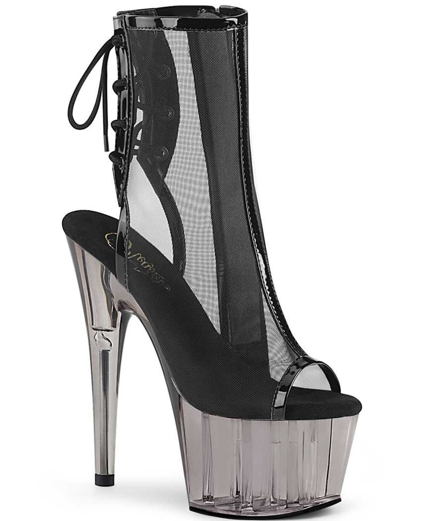 Bottines en résille noire de pole dance Pleaser Adore 1018MSHT à talons aiguilles et dos lacé.