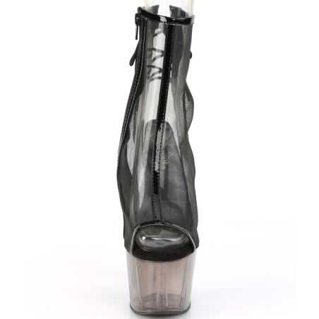 Bottines transparentes en maille filet noire et bout ouvert disponibles en grandes tailles inclusives.