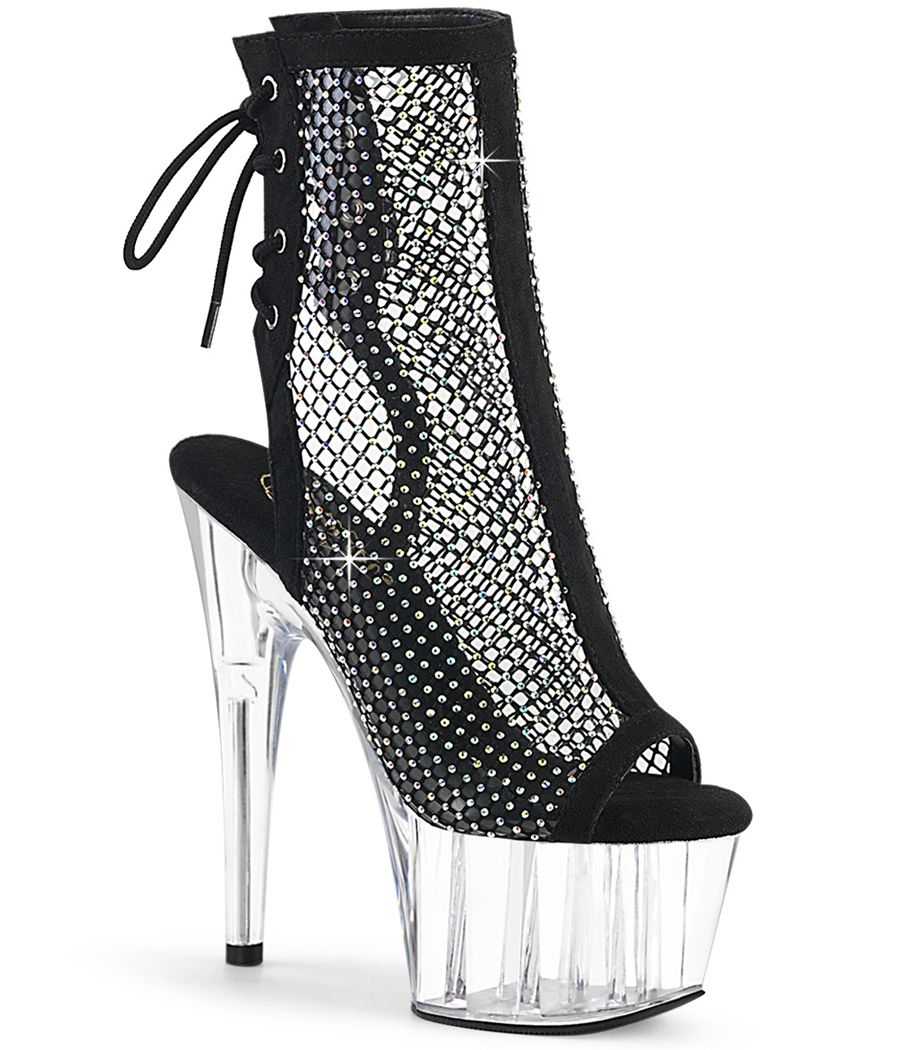 Bottines en résille noire de pole dance Pleaser Adore 1018RM à talons aiguilles et strass scintillants.