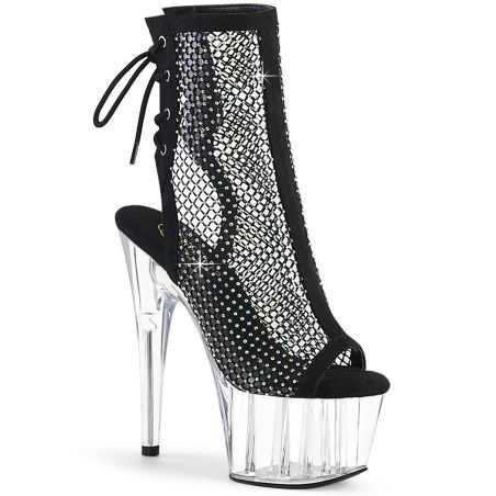 Bottines en résille noire de pole dance Pleaser Adore 1018RM à talons aiguilles et strass scintillants.