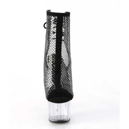 Bottines de luxe en maille filet transparente et cristaux à bout ouvert en grandes tailles inclusives.