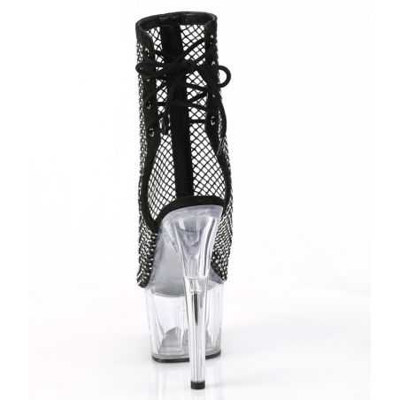 Bottines fétiches en mesh noir translucide et diamants adaptées à toutes les morphologies d'artistes.