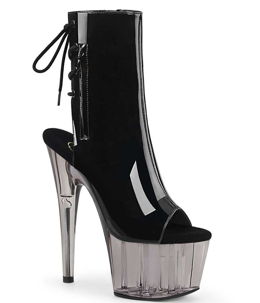 Bottines vernies noires de pole dance Pleaser Adore 1018T à talons stiletto et plateforme transparente fumée. Bottines vernies noires de pole dance Pleaser Adore 1018T à talons stiletto et plateforme transparente fumée.