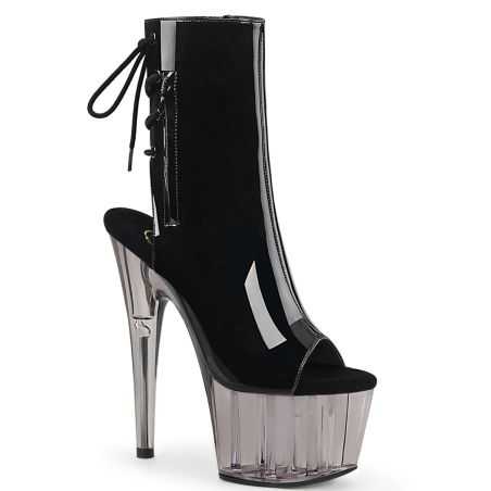 Bottines vernies noires de pole dance Pleaser Adore 1018T à talons stiletto et plateforme transparente fumée.