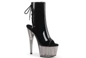 Bottines vernies noires de pole dance Pleaser Adore 1018T à talons stiletto et plateforme transparente fumée. Bottines vernies noires de pole dance Pleaser Adore 1018T à talons stiletto et plateforme transparente fumée.