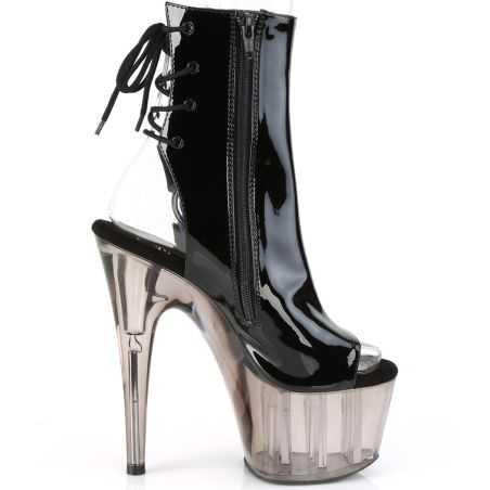 Bottines de clubbing haut de gamme noir laqué pour shows de cabaret chics et pole dance exotique.