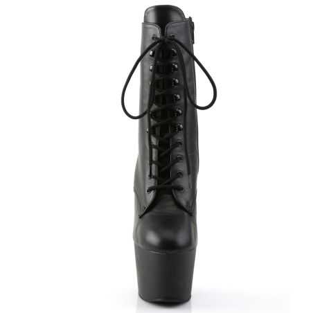 Bottines en cuir véritable noir de luxe à plateformes et œillets métalliques en grandes tailles inclusives.