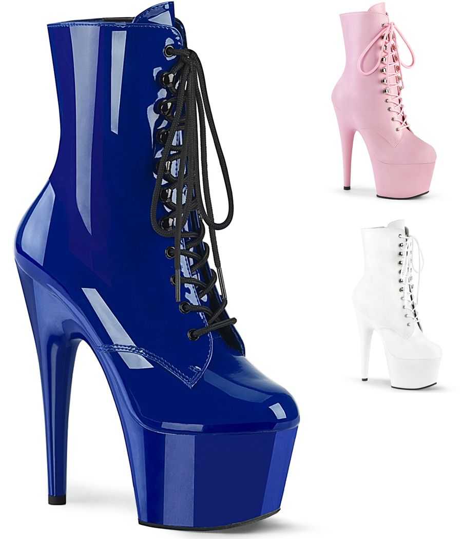 Bottines de pole dance de luxe Pleaser Adore 1020 à talons hauts de 17cm, plateformes et laçage frontal intégral LBDHT.